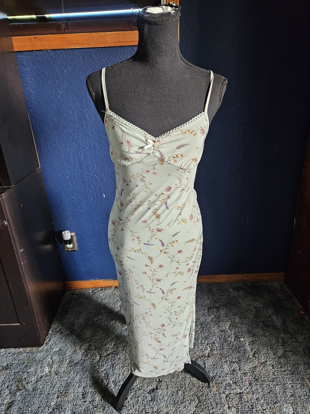 Sage Green Floral Lace-Trim Midi Slip Dress